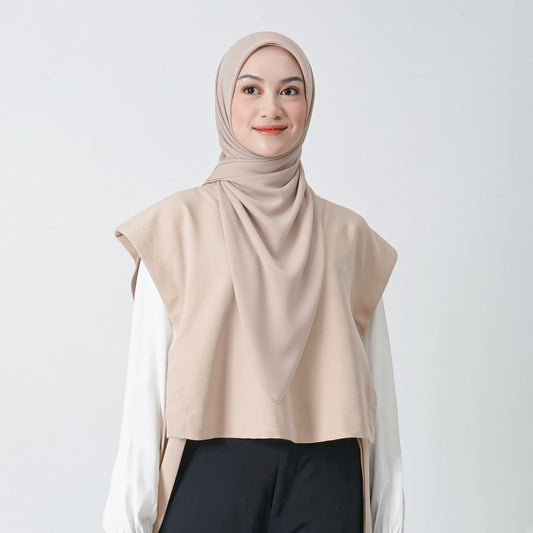 OOTD jilbab warna coksu dengan vest beige dan kemeja putih