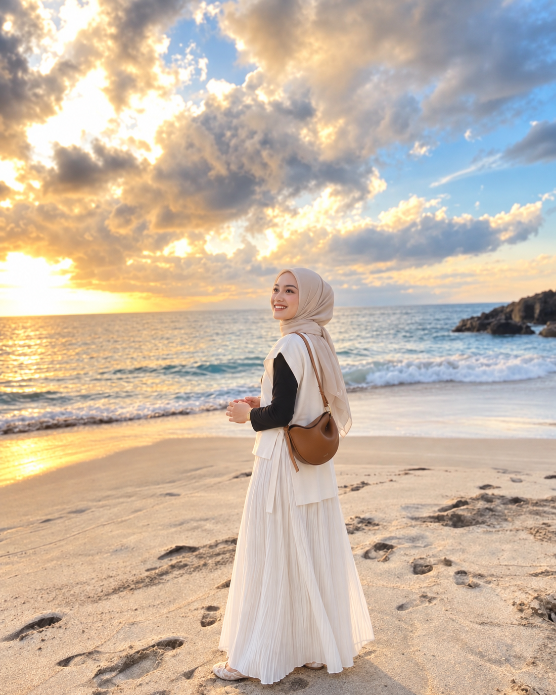 Outfit pantai hijab saat sunset dengan vest putih, blouse hitam, dan rok jacquard putih