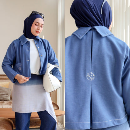 Hijaberies - Pocket Blouson (Semi Blazer Crop Collar Bahan Denim dengan Tampilan Kerah yang Unik)