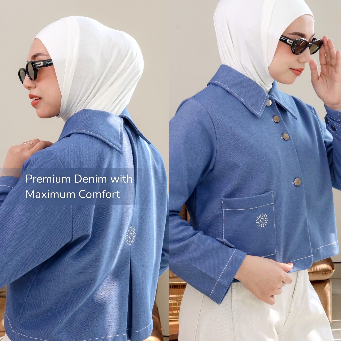 Hijaberies - Pocket Blouson (Semi Blazer Crop Collar Bahan Denim dengan Tampilan Kerah yang Unik)